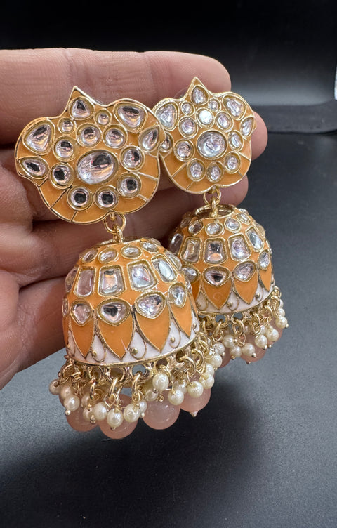 Bigger size Kundan Stone With Pearls Work Beautiful Meenakari Jhumka
