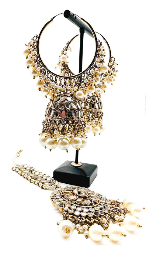 Silver stone with pearls work beautiful Jhumka Balian big size with Tikka
