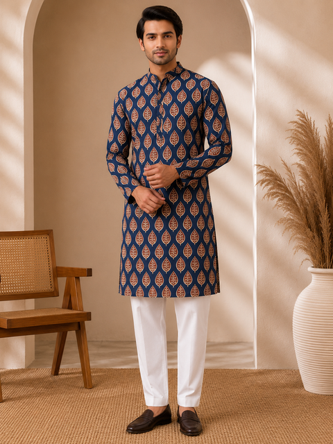 Pure cotton based Men’s Printed kurti (sizes mentioned in inches ,not according to the label on Kurti)size 44 kurti- Length 40 inches and size 46-length 42 inches ) Kurti only. Pants not included.