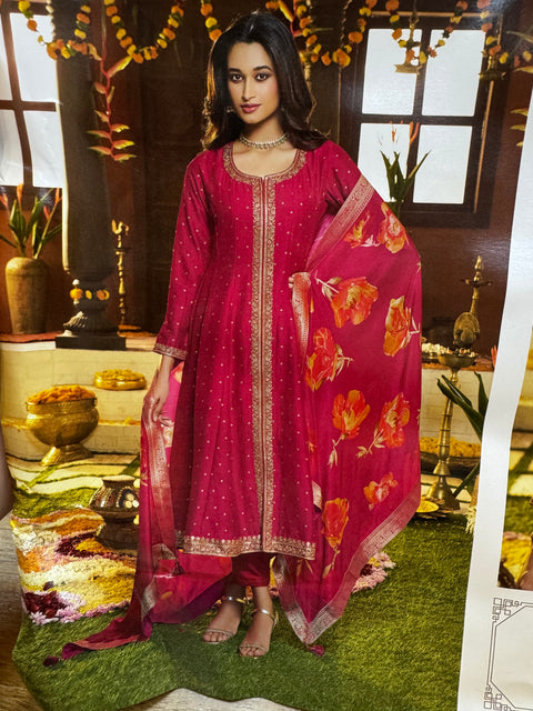 (Video Clip attached) Magenta Pink color Pure and soft Dola Silk based beautiful flared kameez with Plazo pants & floral print beautiful border soft silk Dupatta
