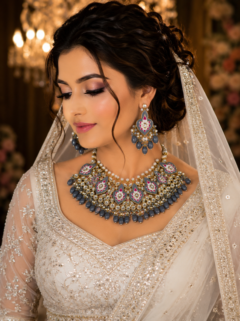 Dark anchor grey and pastel grey colour beautiful meenakari work with kundan stones & beads pearls necklace set(slight variation in color and design is possible)