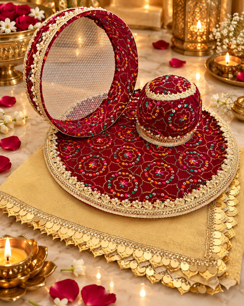 Elegant Karwa Chauth Thali Set in a maroon and gold theme with colourful embroidery, pearl detailing and matching thali, channi, kalash and cover cloth. Slight variation in colour and design is possible.
