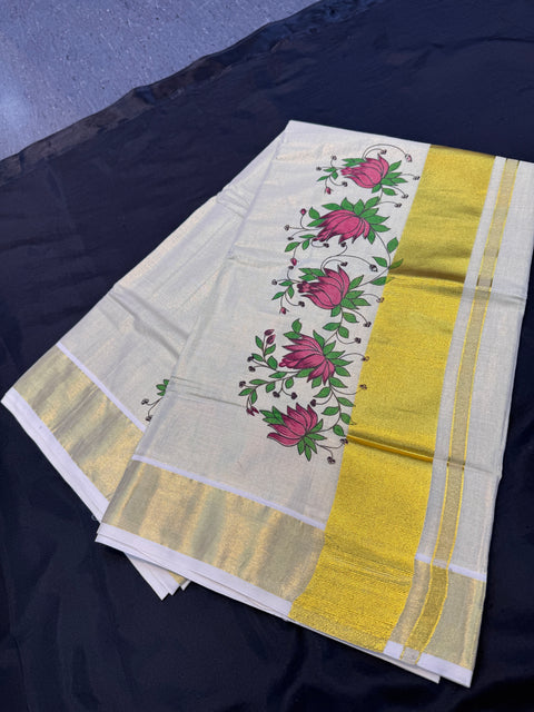 KERALA Gold Tissue SAREE WITH BEAUTIFUL FLORAL PRINT