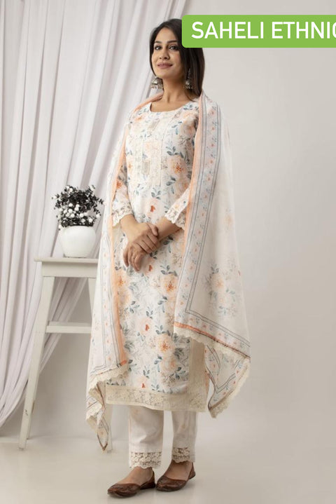 PURE & SOFT KHADI COTTON BASED DESIGNER EMBROIDERED & PRINTED WORK KURTI WITH PLAZO PANTS & DUPATTA
