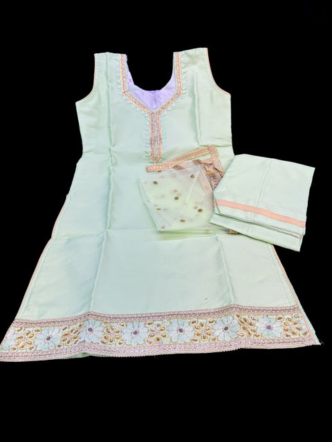 Pastel Lime green colour silk based kids patiala suit