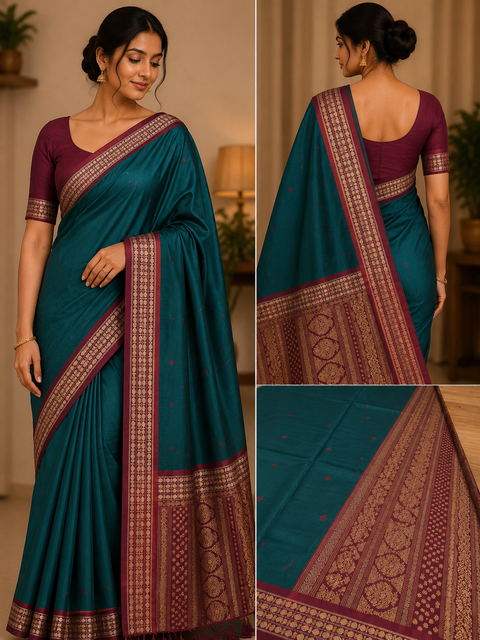 Premium Art Silk Saree Featuring Elegant Zari Weaving, Saree Comes With An Attached Blouse Piece. Model Blouse Is For Reference Only. Slight Variation In Colour And Design May Occur