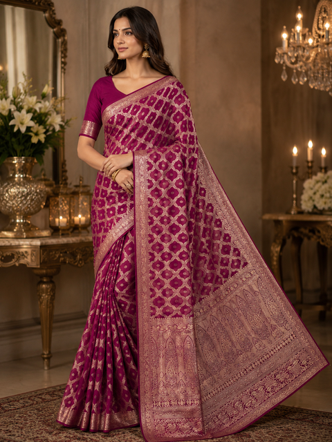 Very Soft Pure chiffon based Beautiful zari work Banarasi look Saree(Blouse Shown Is For Reference Only. The Blouse Piece Is Included With The Saree As Unstitched Fabric)(slight variation in color and design is possible )