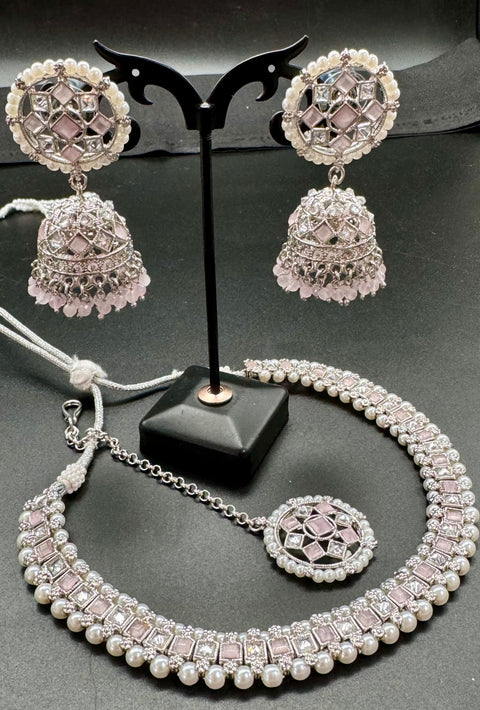 Kundan And Pearls Work Beautiful Necklace Set With studs & Tikka