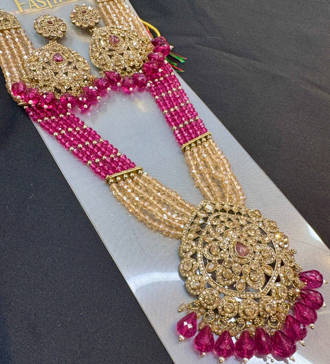 Crystal pearls with fine golden Jerkan stone With Pearls Beaded Necklace Set With Beautiful Earrings