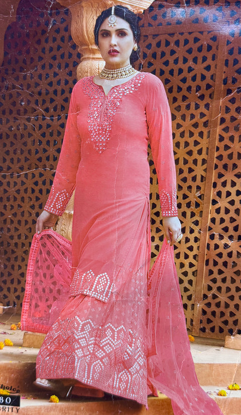 Peach colour georgette based all over embroidered & mirror work look kameez & lehnga with Netting dupatta