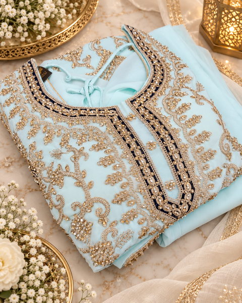 Georgette based beautiful embroidery and stone work kameez paired with a flowy georgette loose circular palazzo & dupatta . Slight variation in colour and design is possible.