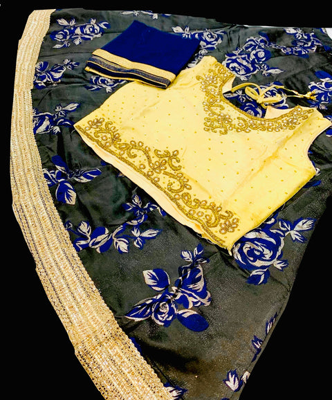 Golden colour silk based stone work blouse with brocade silk lehnga