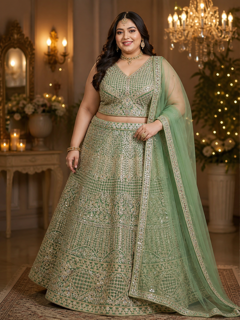 Plus size Netting based heavy embroidery with mirror work designer blouse with heavy flared lehnga and netting based sequined work dupatta(sleeves can be attached)(slight variation in color and design is possible)