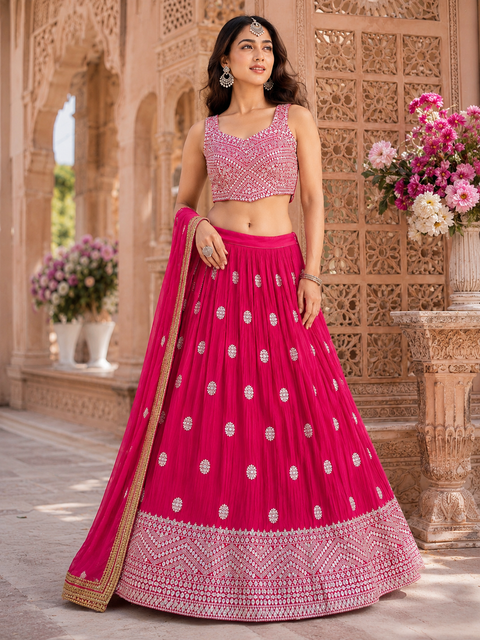 Georgette based embroidery work with sequins work all over lehnga and crop top designer blouse and Georgette sequined dupatta
