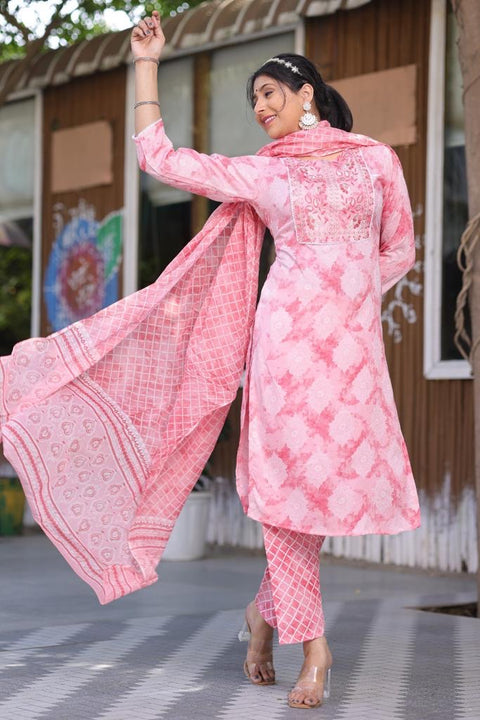 Pure & Soft cotton Based Designer Embroidered & Printed work Kurti With Plazo Pants & Dupatta