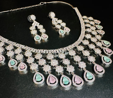 Mint & Pink crystals American Diamond beautiful necklace set with crystal American diamonds