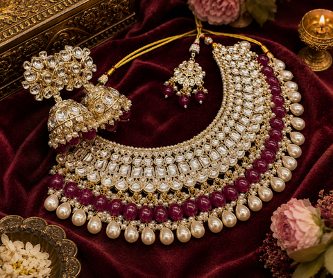 Kundan studded & pearls work designer heavy work Necklace set with beautiful Earrings & Tikka