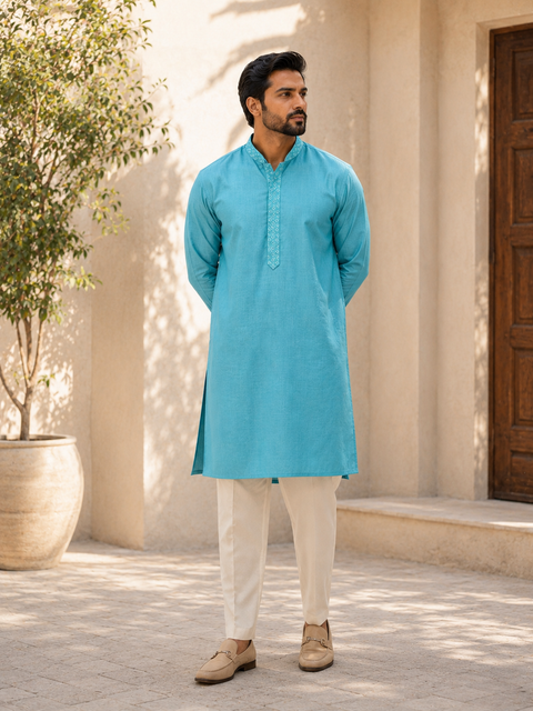 Pure cotton based Plain kurta with white pajama Set (slight variation in color and design is possible)