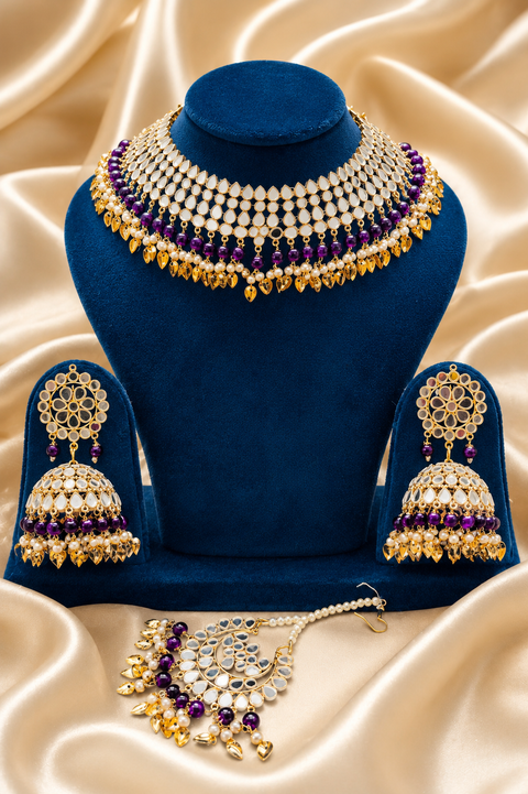 Pearls with original mirror work necklace set with Jhumka & tikka