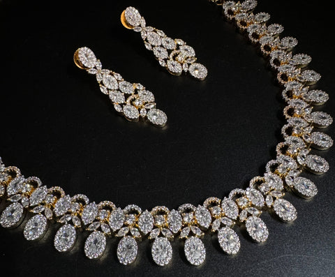 Golden American Diamond beautiful necklace set with crystal American diamonds