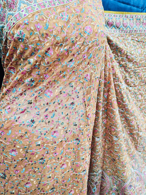 (Video clip attached )Pure Georgette Chiffon based multicoloured embroidery work jaal all over with stone work beautiful Saree