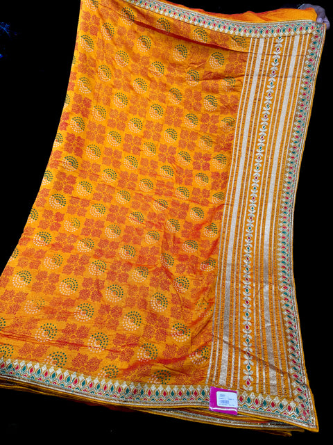 Bandhani print Beautiful Saree with embroidery and stone work border and beautiful design on Pallu