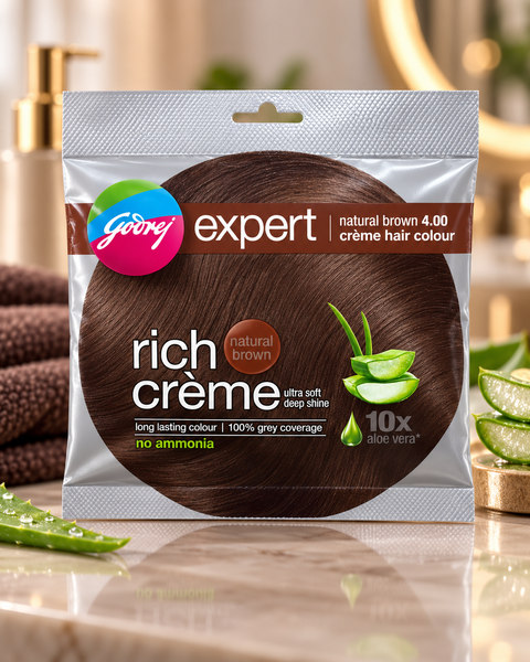 Godrej Expert Rich Crème Hair Colour – Natural Brown 4.00 with 100% grey coverage, long-lasting colour and no ammonia. Enriched with aloe vera for soft, shiny-looking hair.
