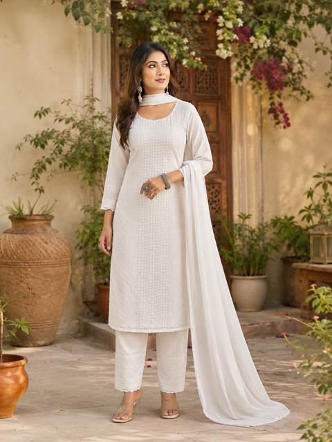 White color Georgette based embroidery work designer kameez with plazo pants and plain georgette dupatta with border(embroidery design can slight vary)