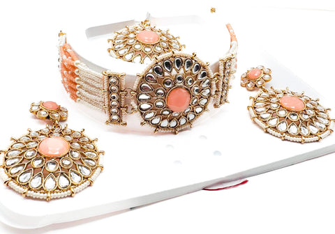 Pearls beaded with Kundan stone beautiful choker necklace with Earrings & Tikka