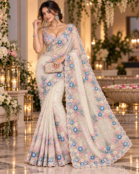 Elegant net saree intricate floral embroidery, shimmering sequins, beads and a beautifully detailed border.Comes with an attached embroidered blouse piece.Blouse worn by the model is for reference only. Slight variation in colour & design may occur