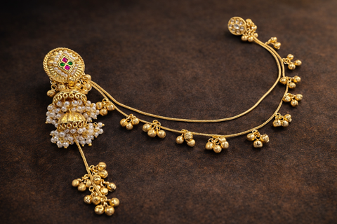 (Video clip attached)Trending Kashmiri Earrings/Traditional Bridal Jhumka with Antique Gold Finish &  Kundan Stones (Ruby & Green tones) Pearl Beads and Decorative Hair Chain (Sahara)