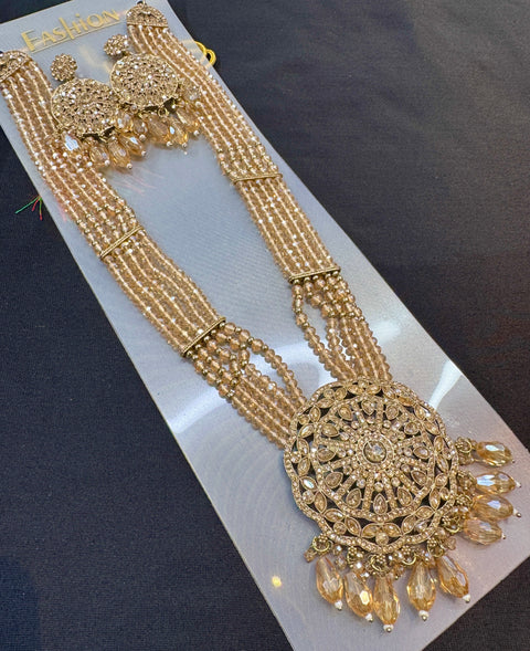 Crystal pearls with fine golden Jerkan stone With Pearls Beaded Necklace Set With Beautiful Earrings