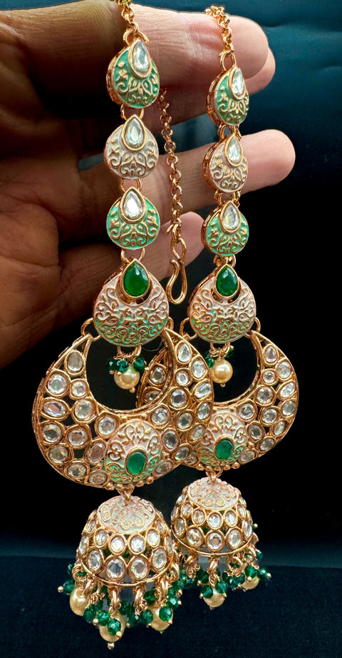(video clip attached)Green & Mint base Original Kundan Polki stones with Meenkari & Pearls work Bridal necklace with beautiful Jhumka, tikka  NOTE:- original Kundan Polki stones not fake plastic stones)