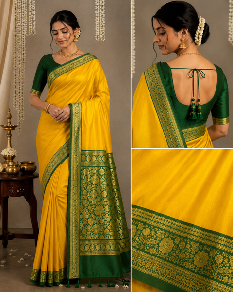 Plain silk Saree with contrast zari border and contrast plain Blouse, Model-Worn Blouse Is For Reference Only. Unstitched Blouse Piece Is Attached With Saree(Slight Variation In Color & Design Is Possible)