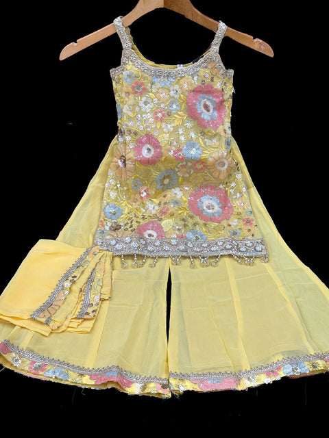 (Video clip attached) Yellow Pure and soft georgette based sequined with embroidery & tessels work girls sharara suit with dupatta