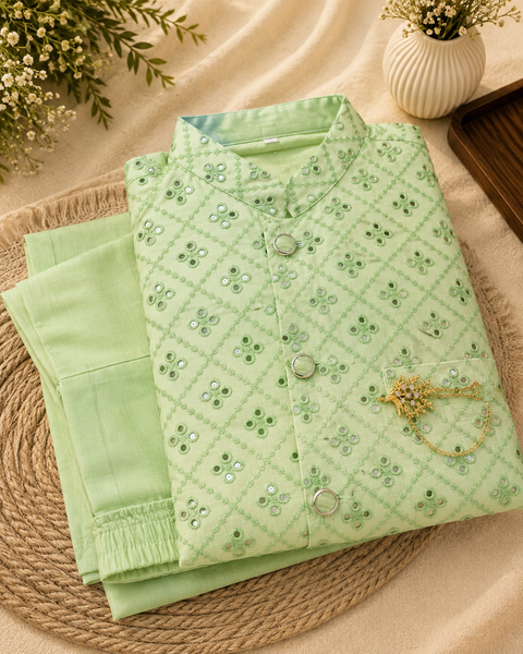 Mirror Work Jacket With Raw Silk Based Kurta & Pants (slight variation in color and design is possible )