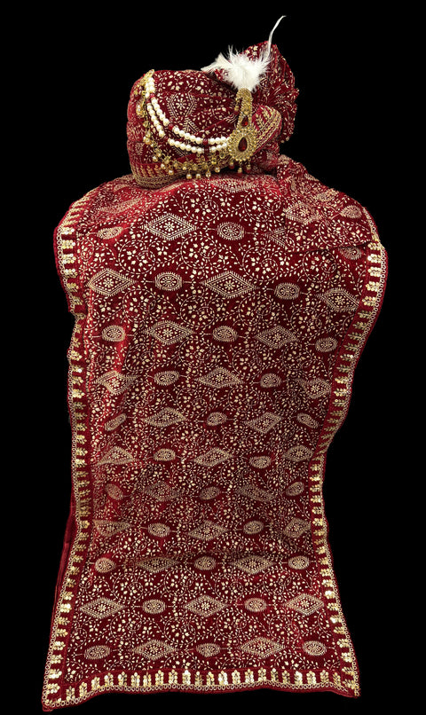 Maroon colour velvet based golden printed Dulha Pagdi With dupatta set