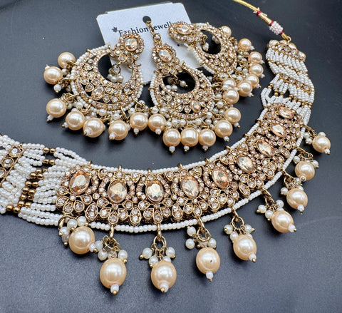 Polki stone with pearls beaded work beautiful choker style necklace with jhumka and tikka set