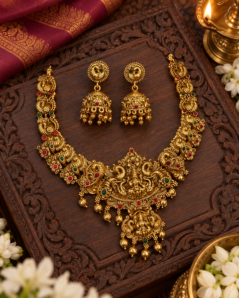 Elegant matte gold-finish Temple Jewellery Set featuring an intricate Goddess Lakshmi motif with beautifully detailed elephant designs and green stone accents. Comes with matching jhumka earrings(slight variation in color & design may occur)
