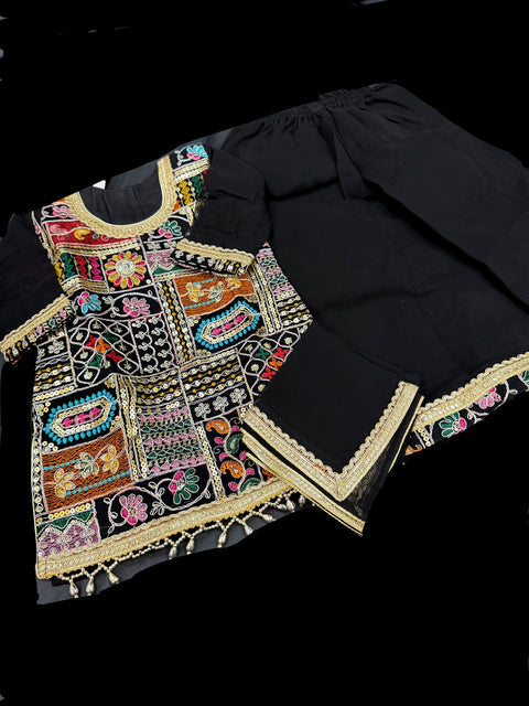 Black color Pure and soft georgette based multicoloured embroidery work girls flared plazo suit with dupatta