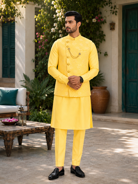 Yellow colour silk based kurta with pants  & brocade jacket (slight variation in color and design is possible)