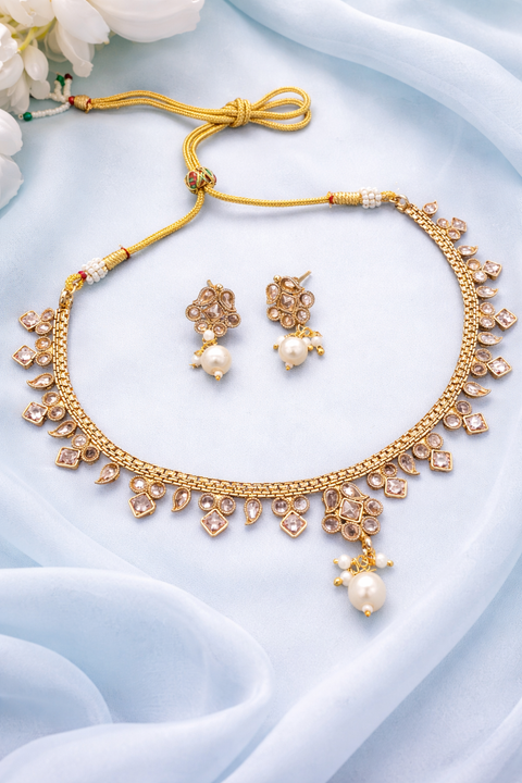 Original lite Gold Polki stones small necklace with small studs