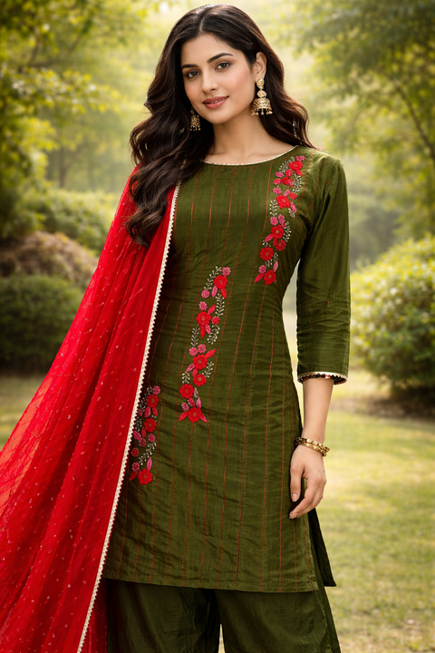 Size 38 and can be altered upto 40) 
Crepe silk salwar suit featuring delicate floral embroidery and fine vertical detailing, with chiffon contrasting dupatta. Designed for a graceful, comfortable fit(slight variance in color and design is possible)