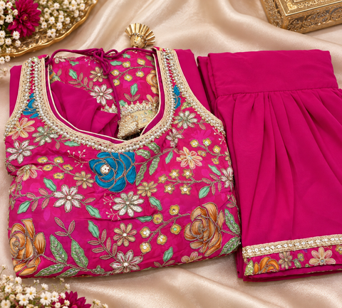 Soft crepe silk embroidery with pearl work kameez with sharara & dupatta. Slight variation in colour and design