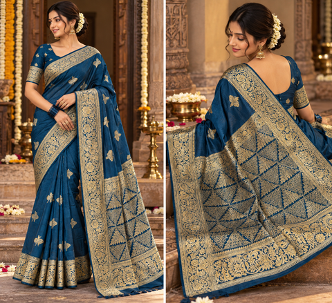 Luxuriously soft silk saree with a smooth, lightweight feel and beautifully flowy drape. Featuring rich woven zari floral motifs and an elegant detailed border .Blouse piece included. Slight variation in colour and design is possible.