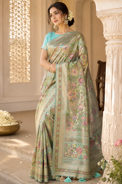 Banarasi tissue silk saree With Contrast Color Border & Pallu ,Dola Silk Beautiful Saree (Soft To Set The Pleate)Blouse Shown Is For Reference Only Blouse Piece Is Included With Saree As Unstitched(Slight Variation In Color And Design Is Possible)