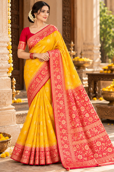Dola Silk Saree with elegant all-over floral zari weaving and a rich contrasting woven border with detailed pallu. Soft, graceful drape with a luxurious festive look. Contrast blouse piece included.Slight variation in colour and design is possible.