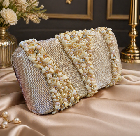 (Video clip attached )Crystals and pearls beaded Handwork designer clutch bag with handle to carry with chain inside the clutch (can be attached or detached)