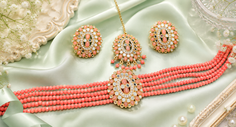 Pearls With Original Mirror Work Choker Set With studs & Tikka(slight variation in color and design is possible )