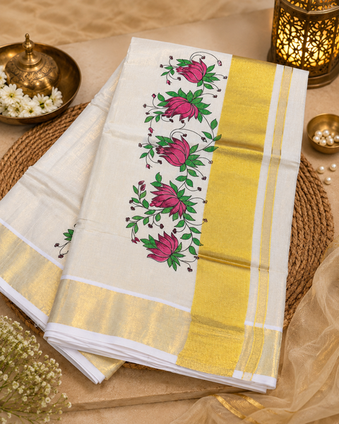 KERALA Gold Tissue SAREE WITH BEAUTIFUL FLORAL PRINT (slight variation in color & design is possible)
